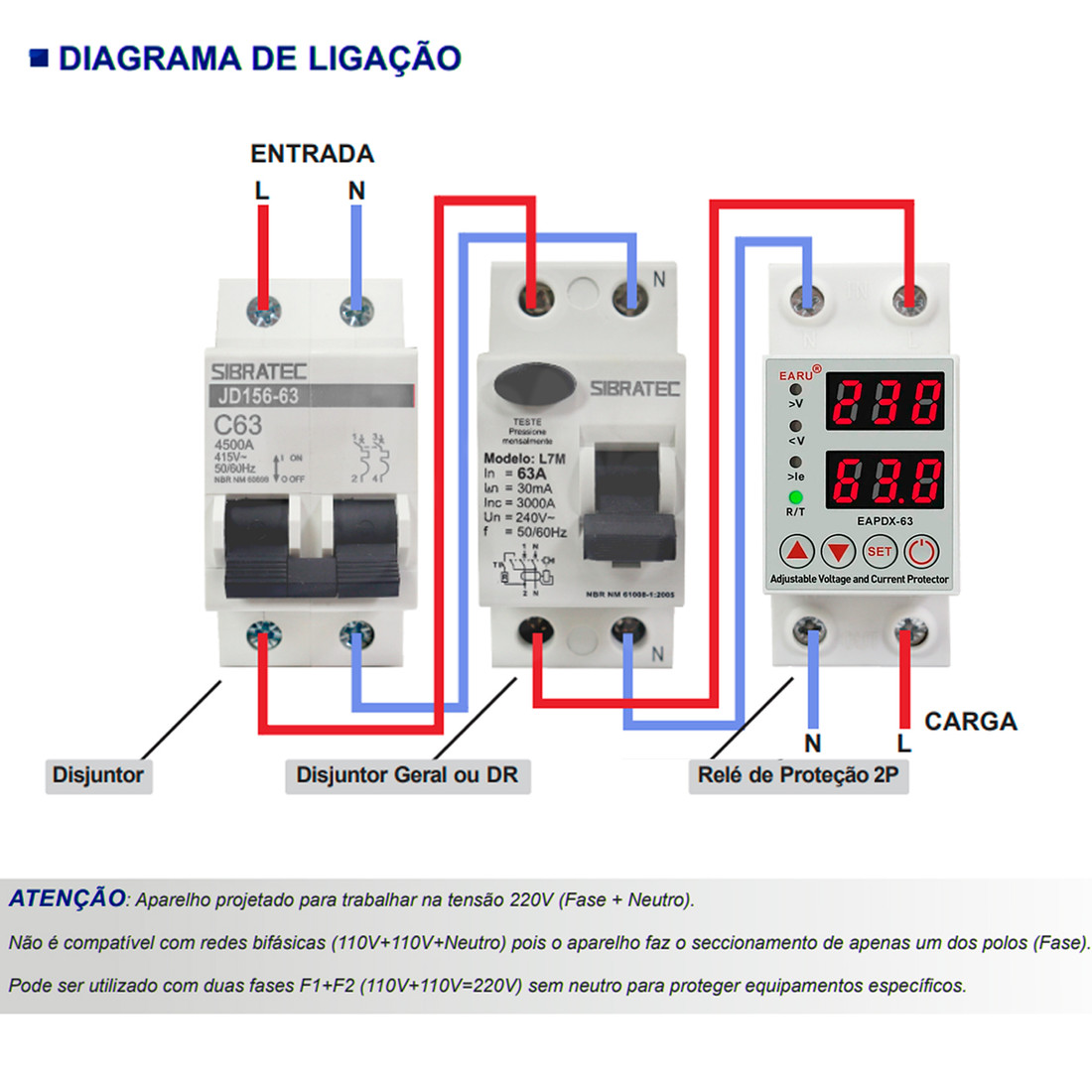 Relé Proteção de Voltagem e Corrente 220v 63A 2 Polos - EAPDX-63 Relé Proteção de Voltagem e Corrente 220v 63A 2 Polos - EAPDX-63