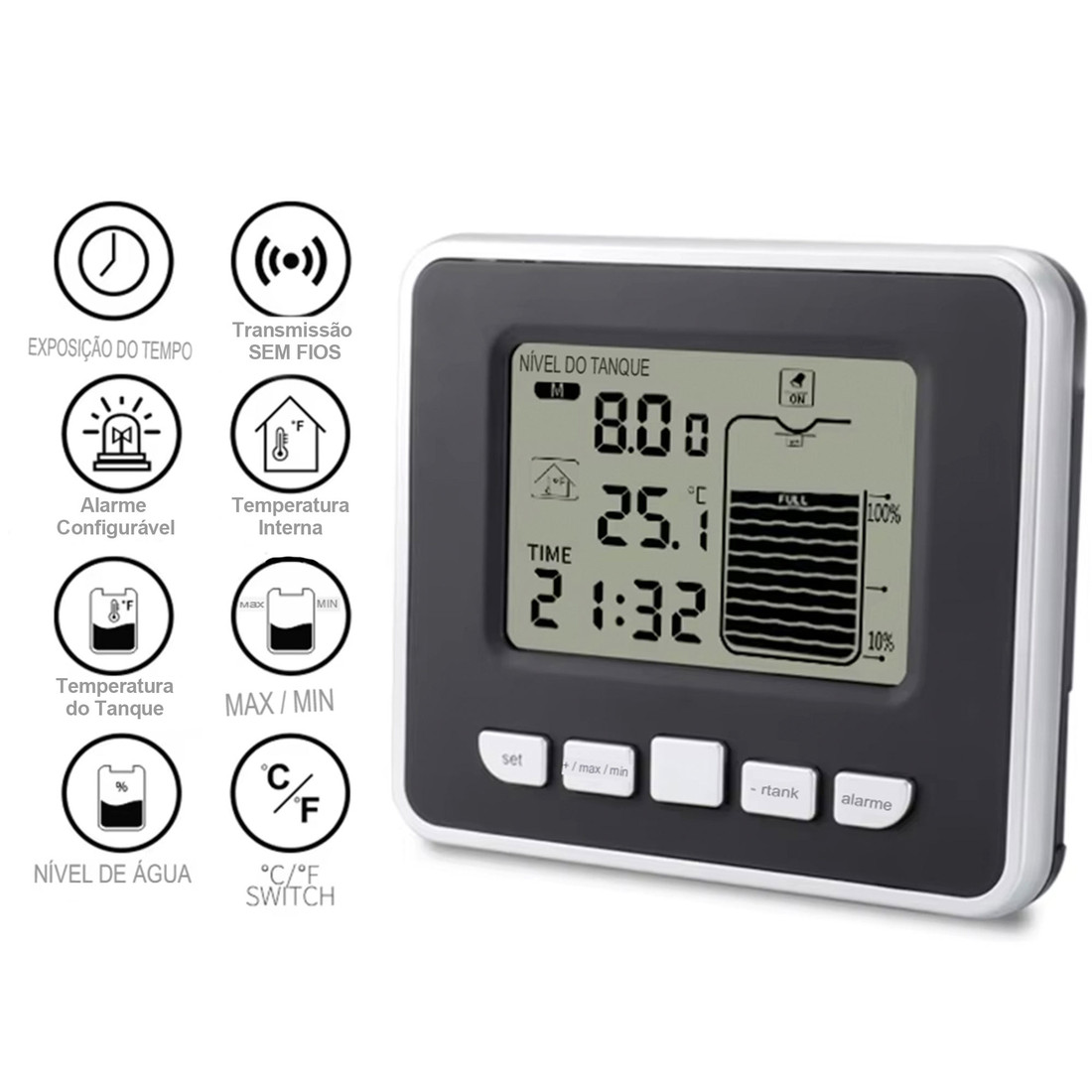 Medidor de Nível Ultrassônico com Display Remoto Medição 0-15m Alimentação à Pilha