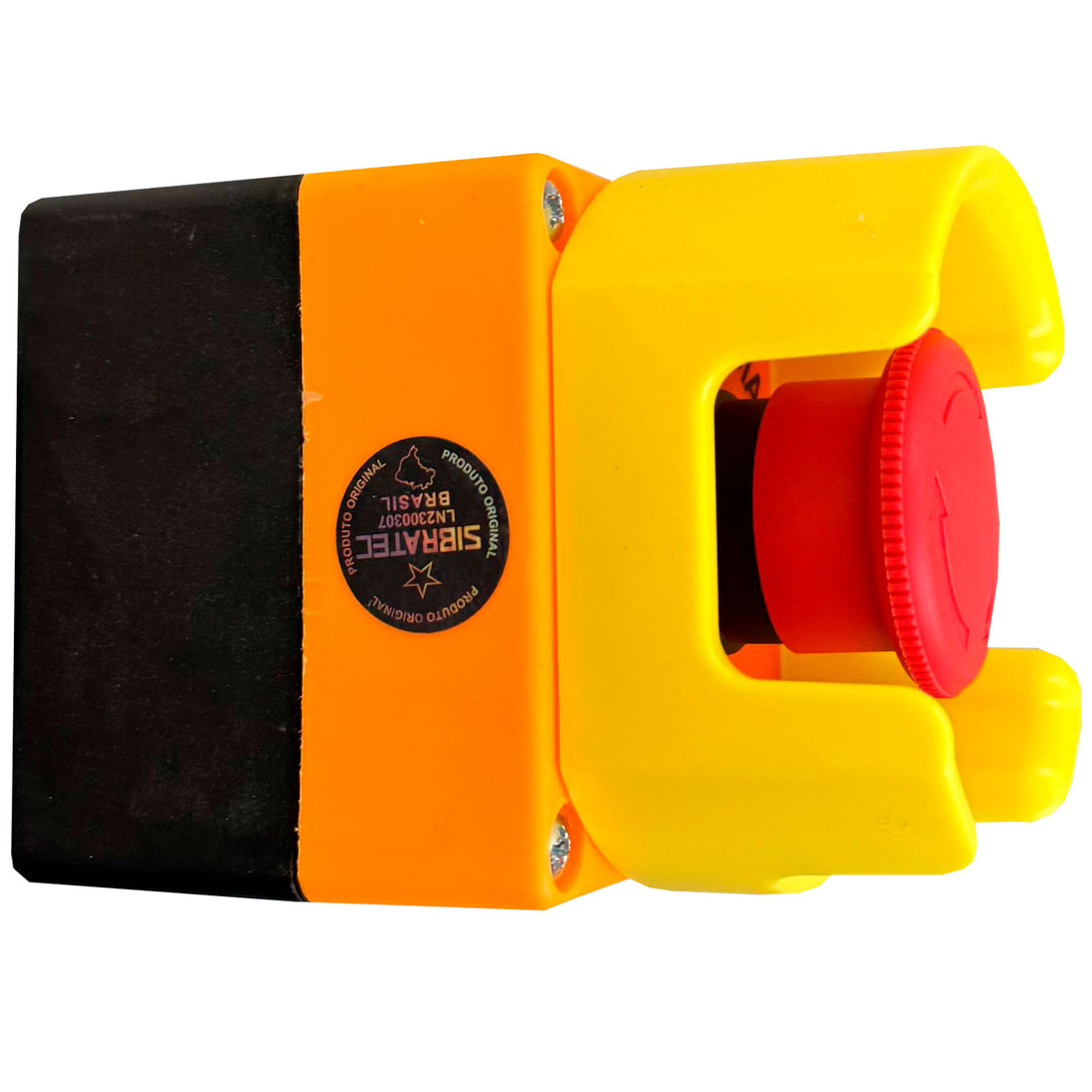 Botoeira Emergência Botão 1NF com Proteção Guarda Alta e Caixa Amarela Sobrepor