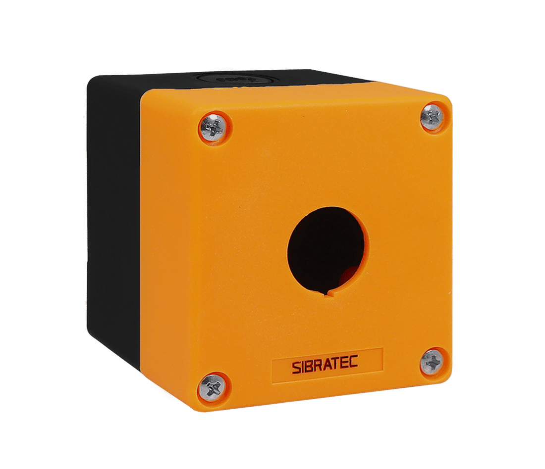 Caixa Plástica Botoeira com 1 Furo 22mm Amarelo e Preto Caixa Plástica Botoeira com 1 Furo 22mm Amarelo e Preto