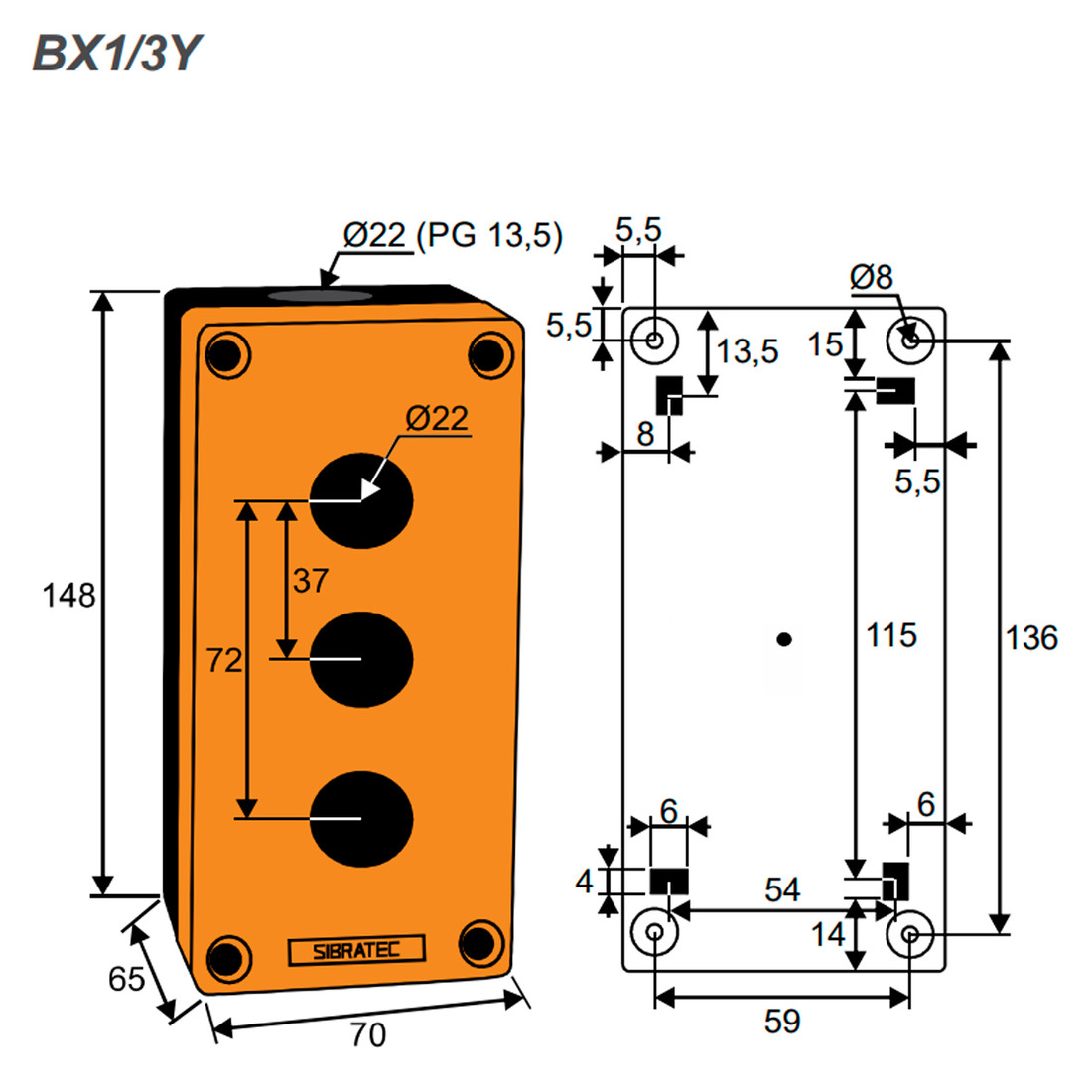 Caixa Plástica Botoeira com 3 Furos 22mm Amarelo e Preto