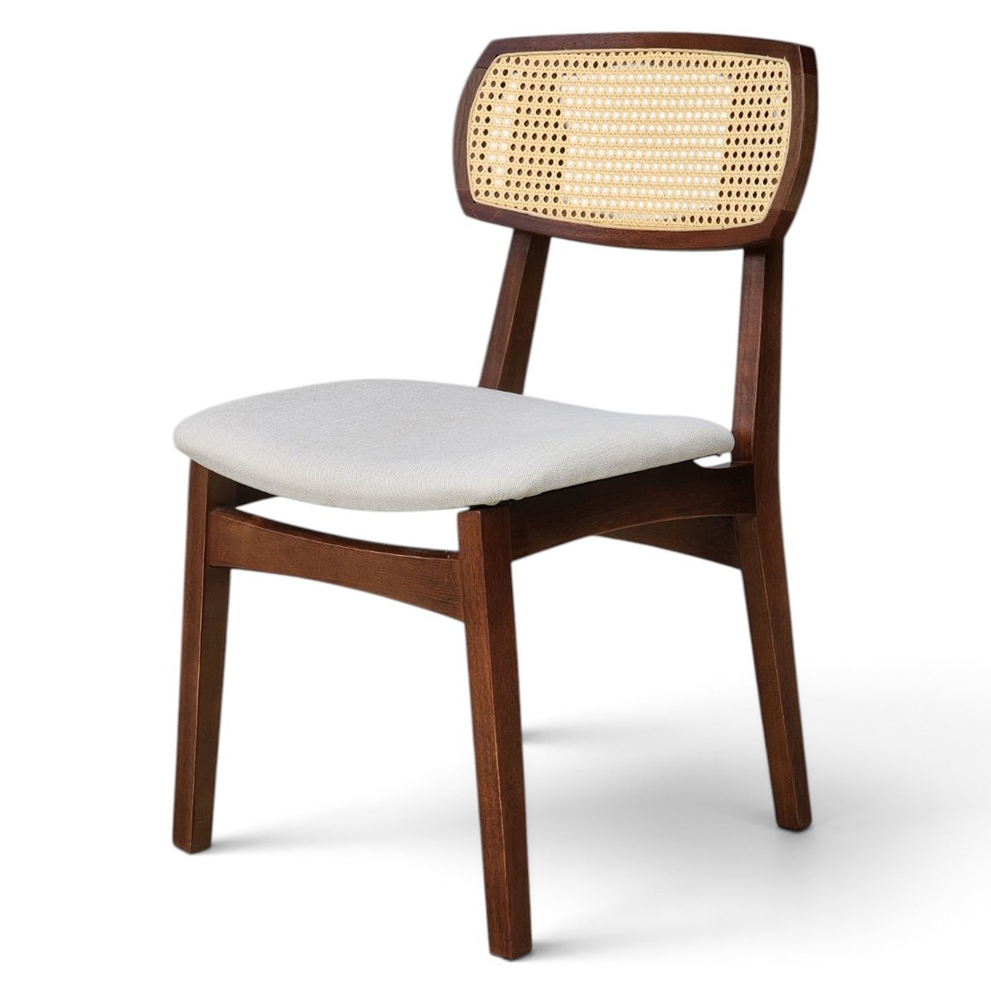 Cadeira de Jantar Verona no Imbuia Glaze Encosto Rattan Linho offwhite Cadeira de Jantar Verona no Imbuia Glaze Encosto Rattan Linho offwhite