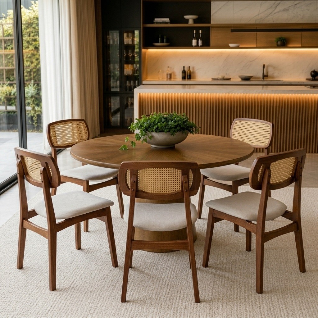 Cadeira de Jantar Verona no Imbuia Glaze Encosto Rattan Linho offwhite Cadeira de Jantar Verona no Imbuia Glaze Encosto Rattan Linho offwhite