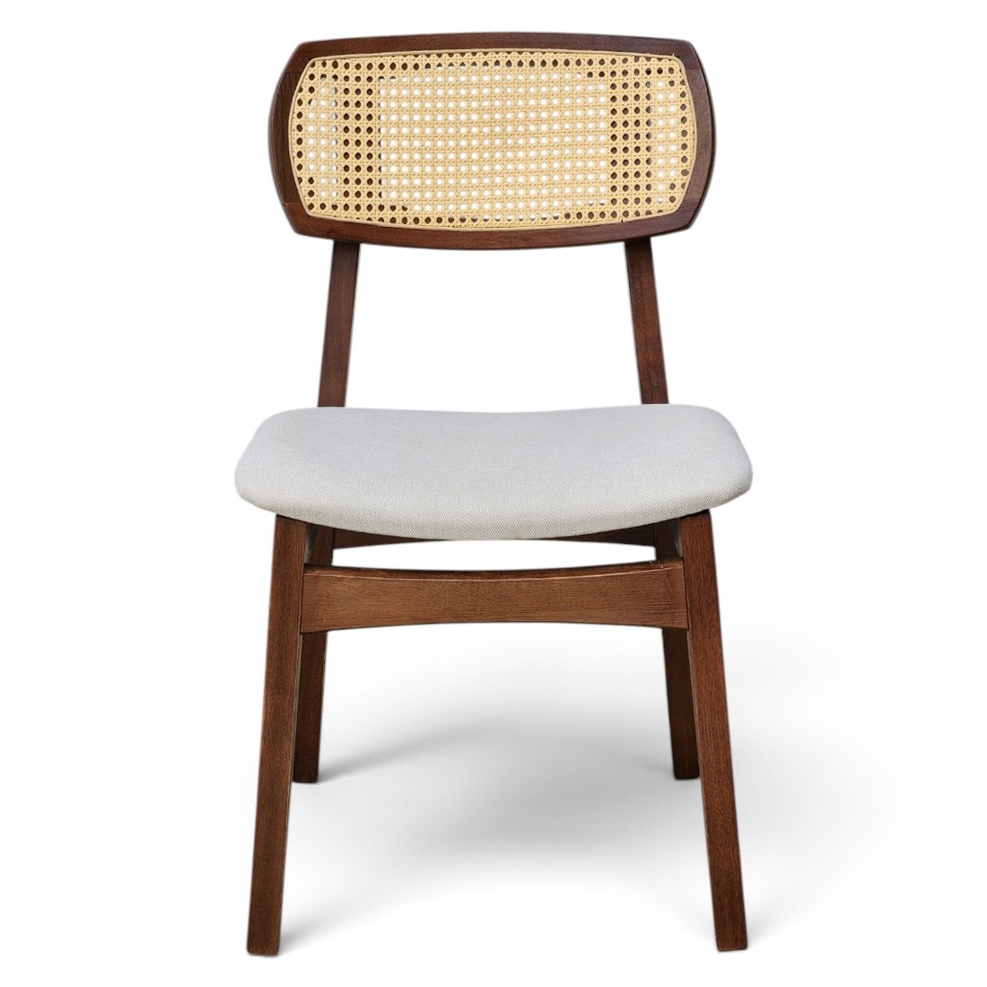 Cadeira de Jantar Verona no Imbuia Glaze Encosto Rattan Linho offwhite Cadeira de Jantar Verona no Imbuia Glaze Encosto Rattan Linho offwhite