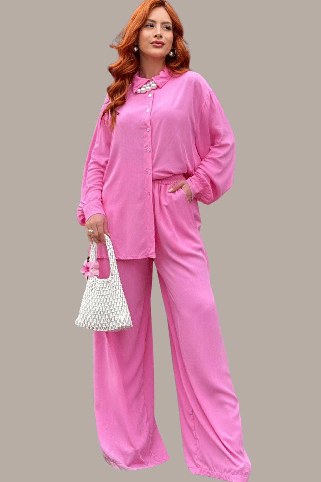 CONJUNTO VISCOLINHO _ CAMISA C/ BOTÕES E CALÇA WIDE LEG _ ROSA CONJUNTO VISCOLINHO _ CAMISA C/ BOTÕES E CALÇA WIDE LEG _ ROSA