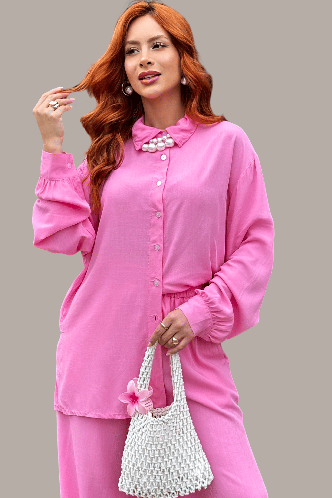 CONJUNTO VISCOLINHO _ CAMISA C/ BOTÕES E CALÇA WIDE LEG _ ROSA CONJUNTO VISCOLINHO _ CAMISA C/ BOTÕES E CALÇA WIDE LEG _ ROSA