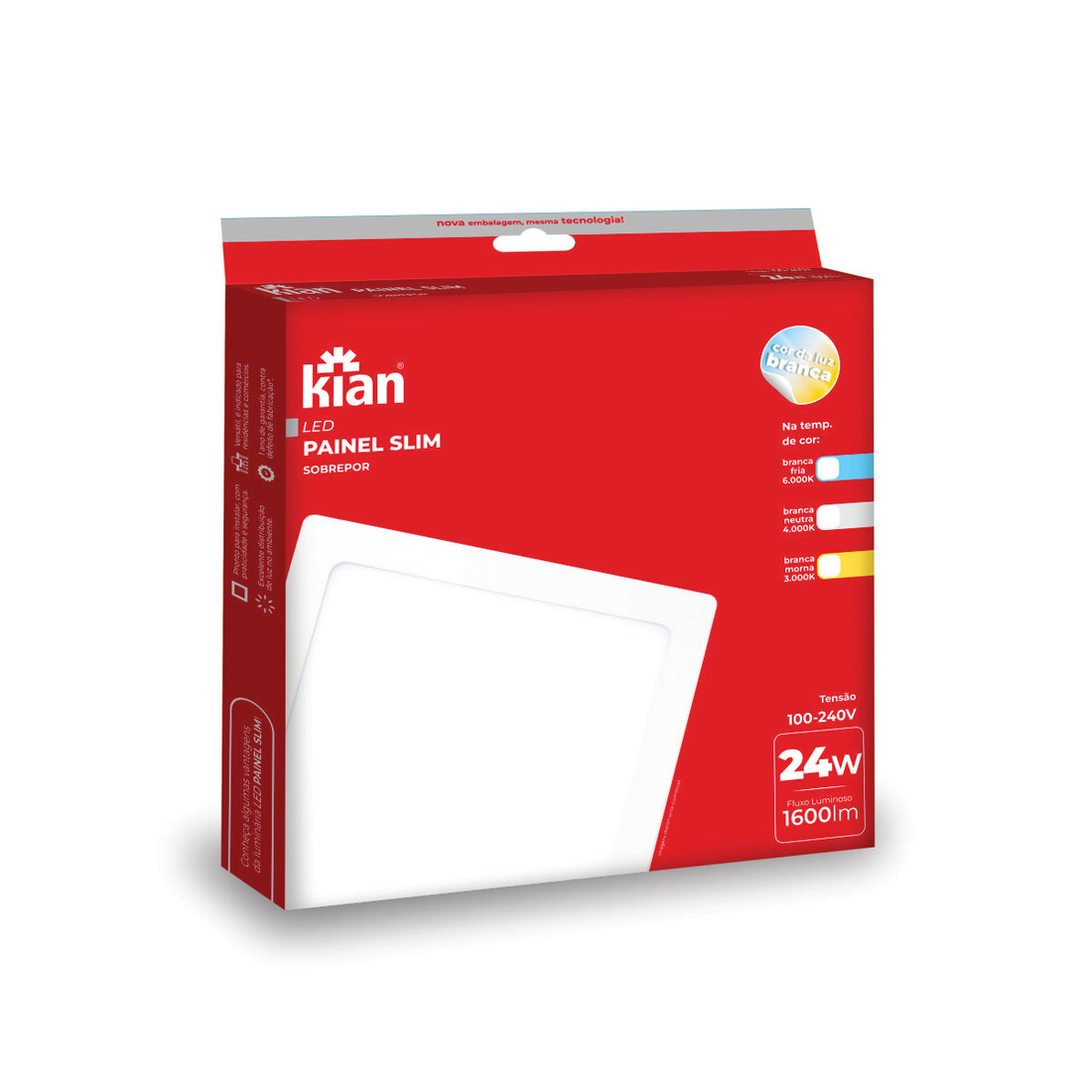 Luminária Led Sobrepor Quadrada Slim 24w 3000k Kian