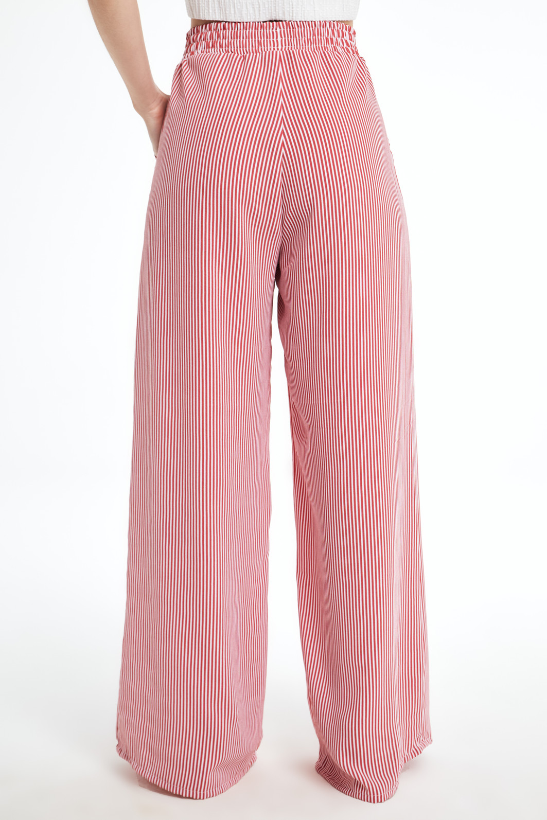 Calça Pantalona Feminina Duna com Elástico Listrada  Vermelha 26155