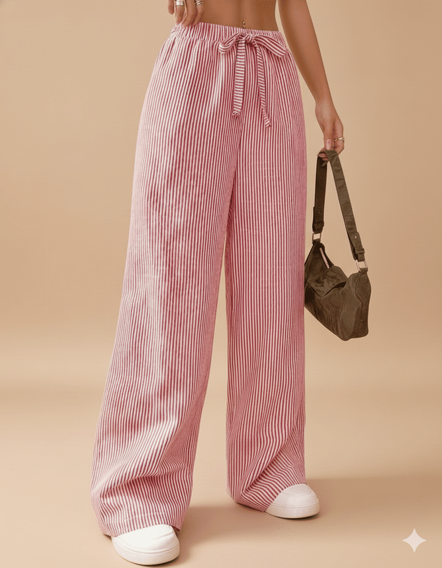 Calça Pantalona Feminina Duna com Elástico Listrada  Vermelha 26155