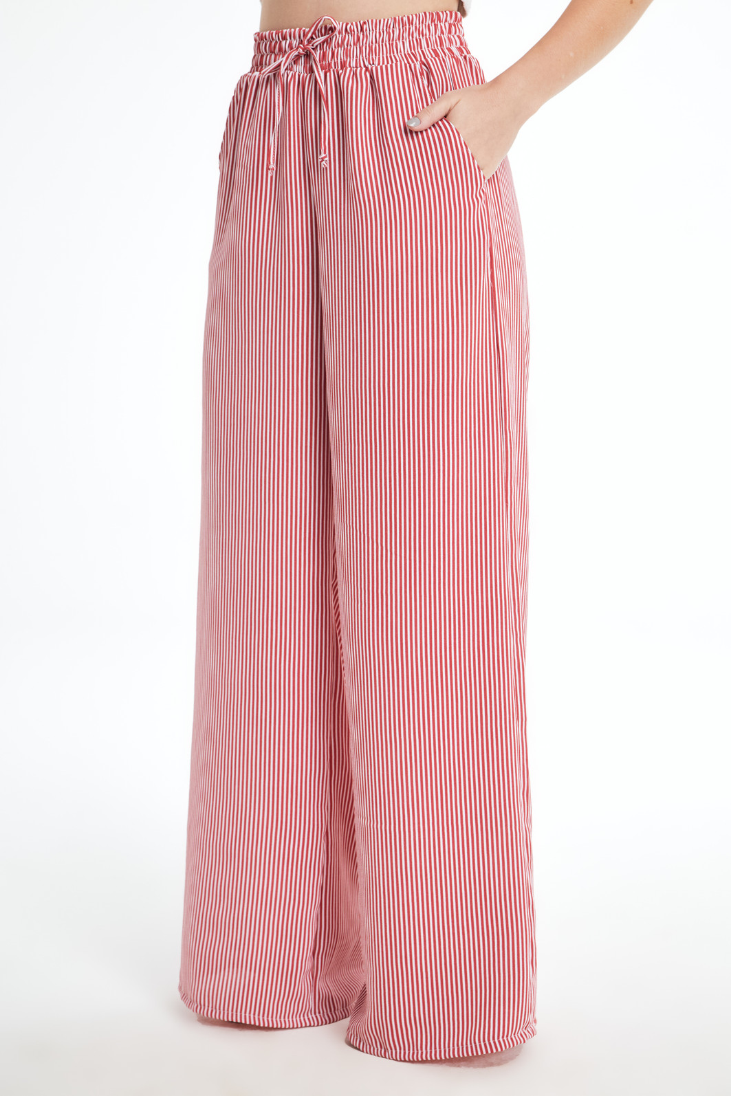 Calça Pantalona Feminina Duna com Elástico Listrada  Vermelha 26155