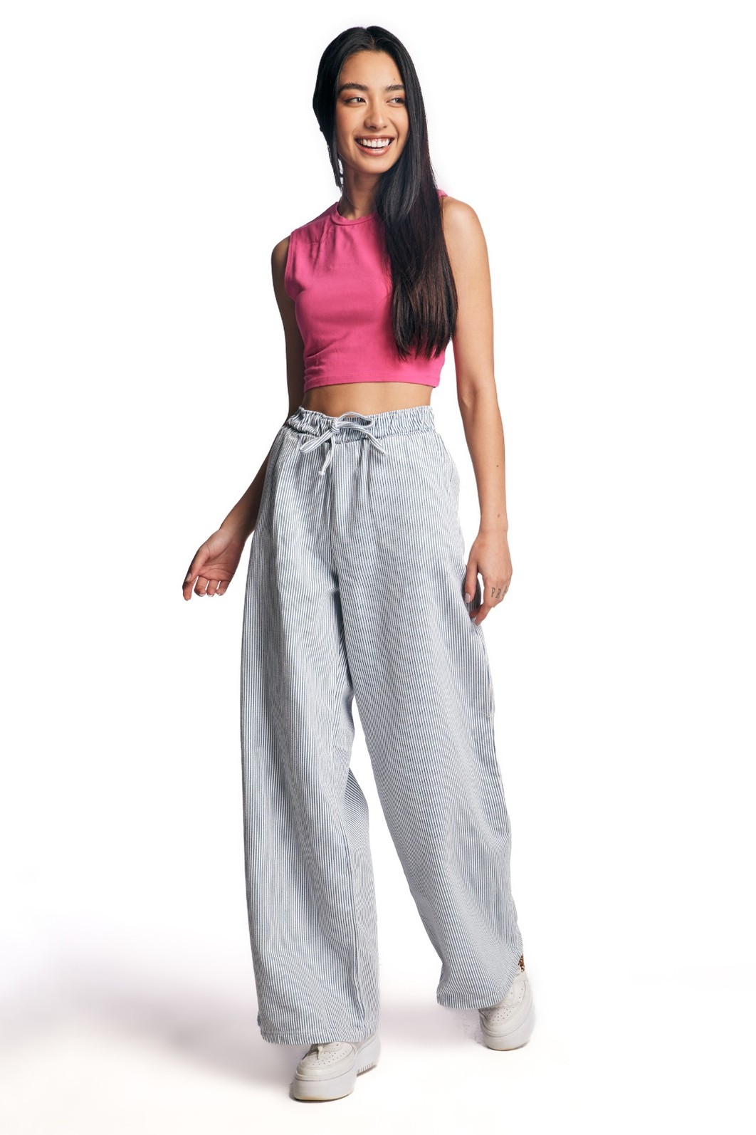 Calça Jeans Pantalona Feminina Listrada Azul 26062