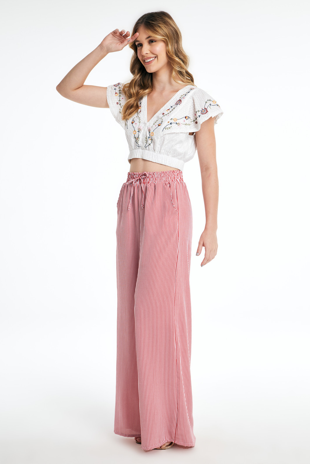 Calça Pantalona Feminina Duna com Elástico Listrada  Vermelha 26155