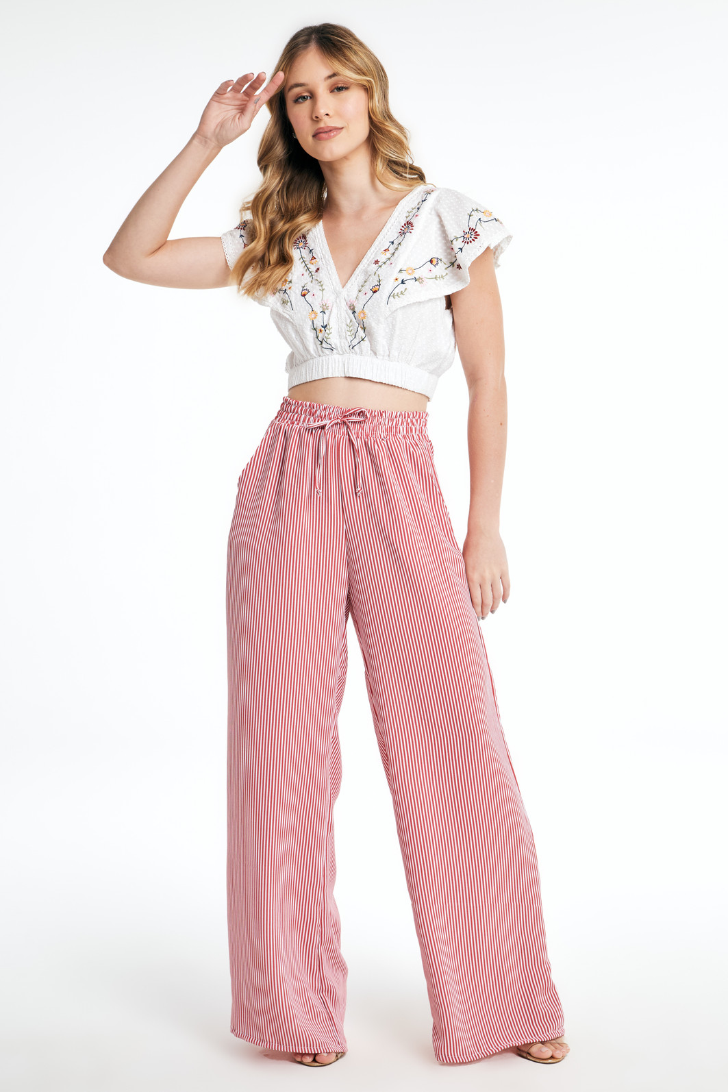 Calça Pantalona Feminina Duna com Elástico Listrada  Vermelha 26155