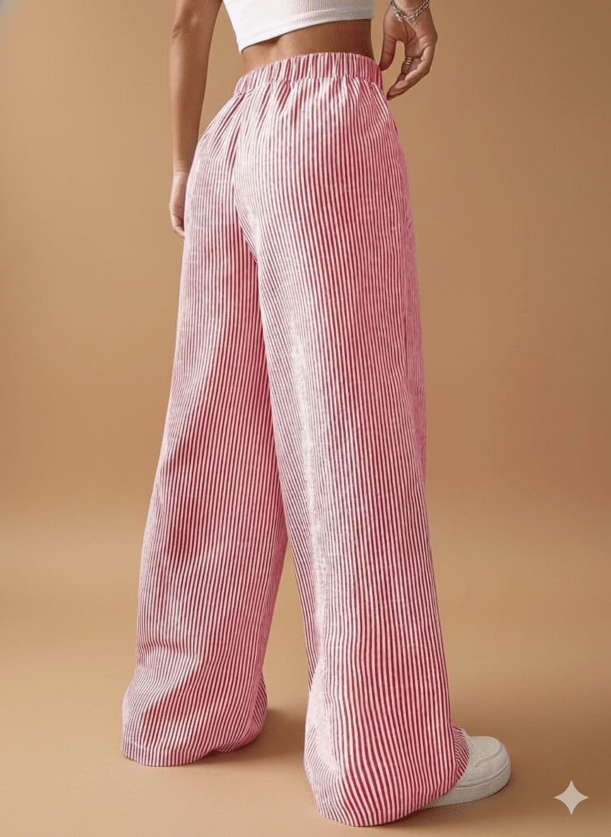 Calça Pantalona Feminina Duna com Elástico Listrada  Vermelha 26155