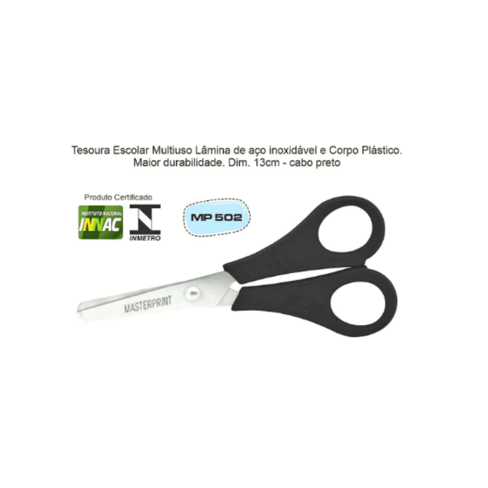 Tesoura Escolar Multiuso 13cm Lâmina de Aço Inox e Corpo Plástico Masterprint MP502