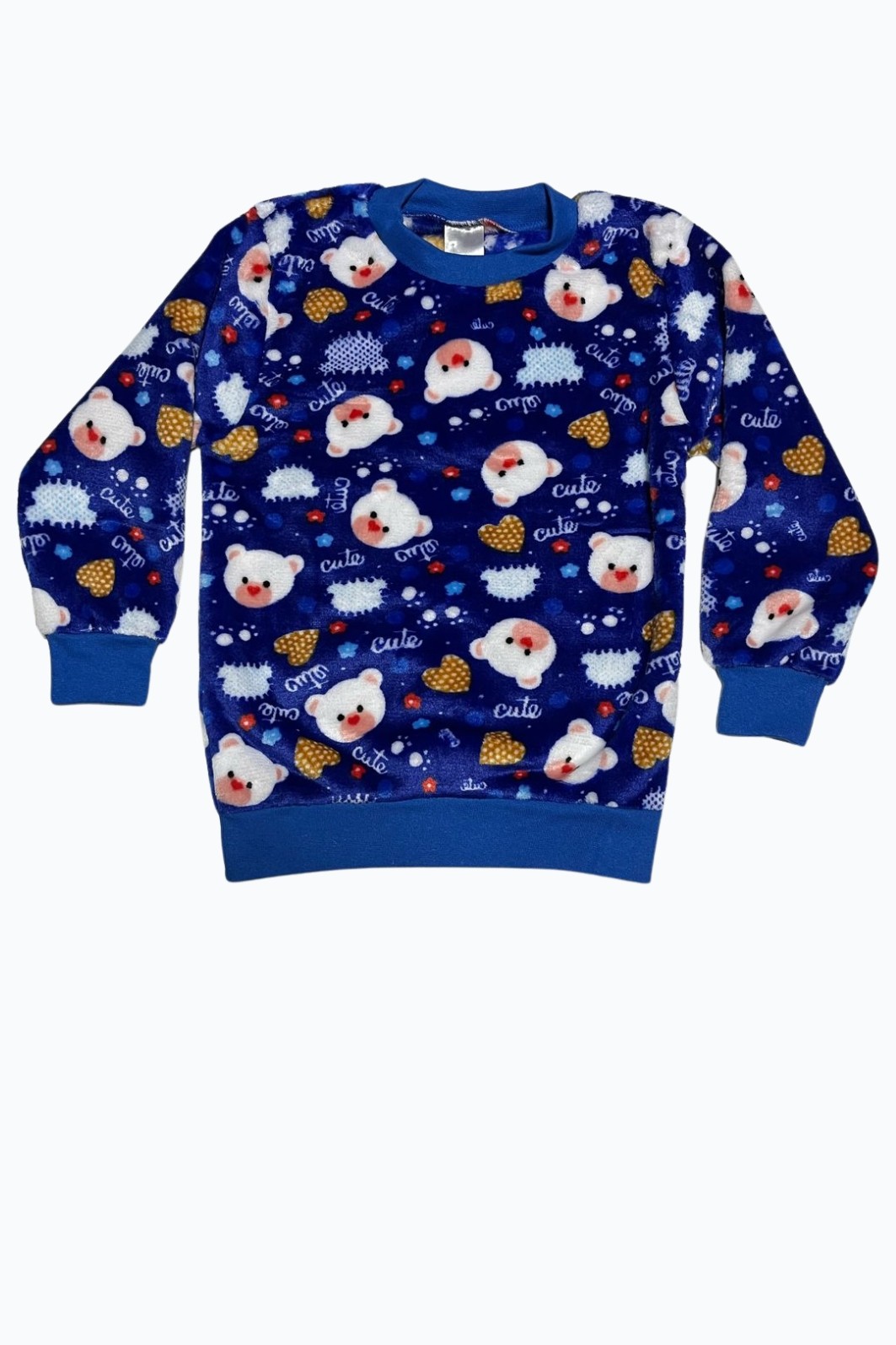 CONJUNTO PIJAMA INFANTIL MENINA LONGO EM FLEECE AZUL COM ESTAMPA DE URSO E CORAÇÕES