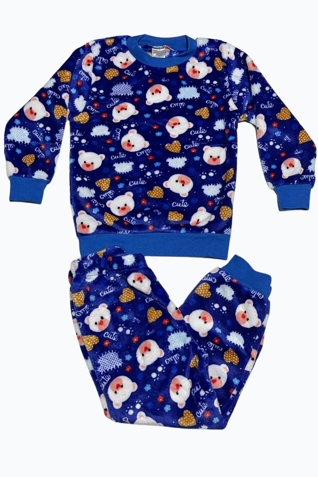 CONJUNTO PIJAMA INFANTIL MENINA LONGO EM FLEECE AZUL COM ESTAMPA DE URSO E CORAÇÕES