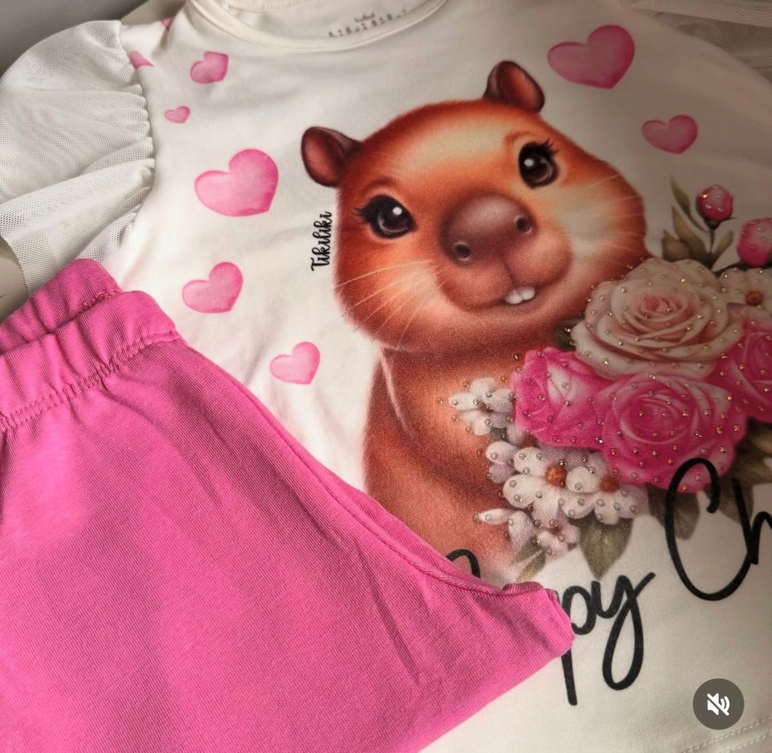 CONJUNTO MENINA BLUSA DE CAPIVARA COM TULE E BERMUDA CICLISTA - TIKI LIKI CONJUNTO MENINA BLUSA DE CAPIVARA COM TULE E BERMUDA CICLISTA - TIKI LIKI