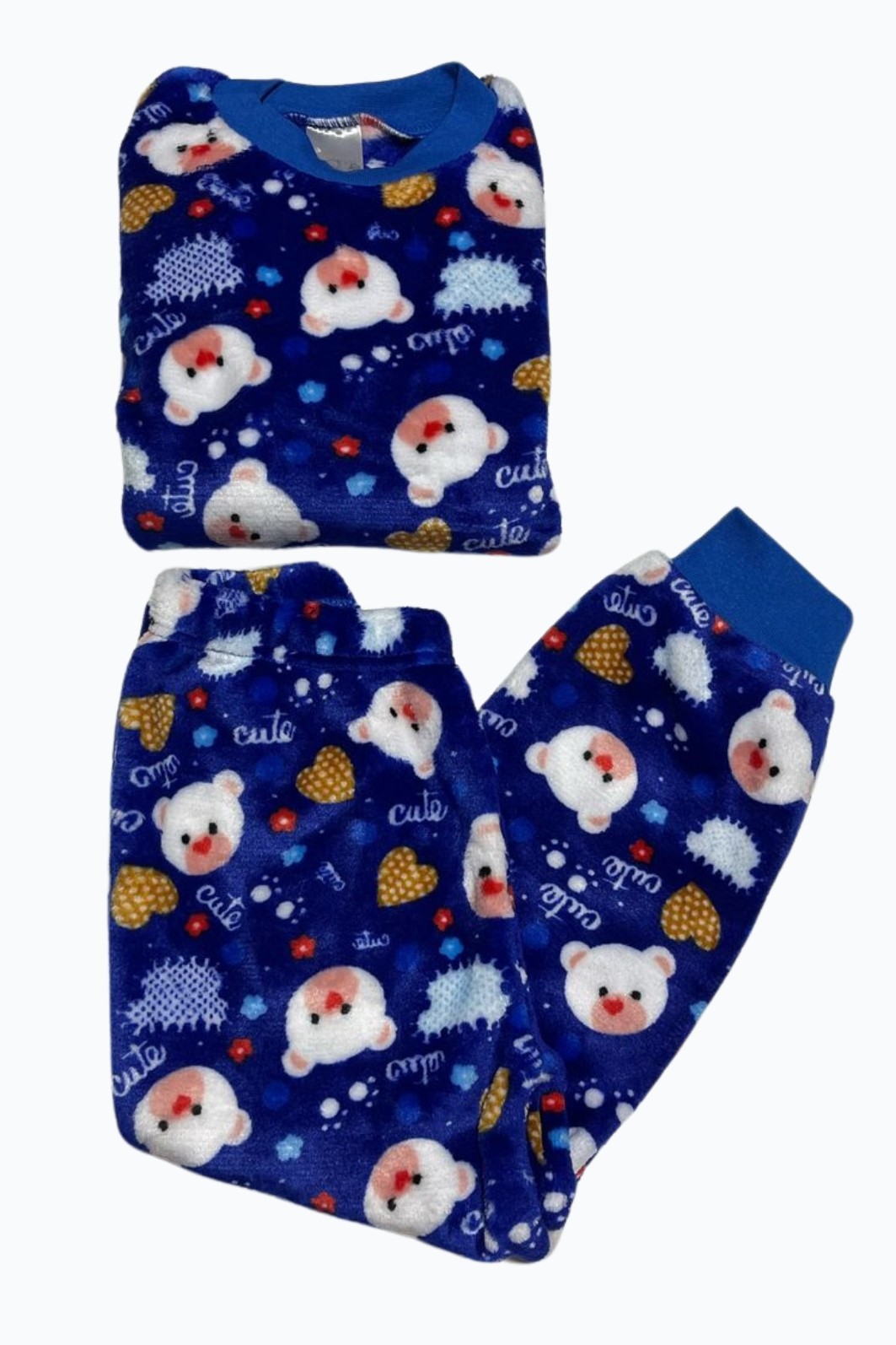 CONJUNTO PIJAMA INFANTIL MENINA LONGO EM FLEECE AZUL COM ESTAMPA DE URSO E CORAÇÕES