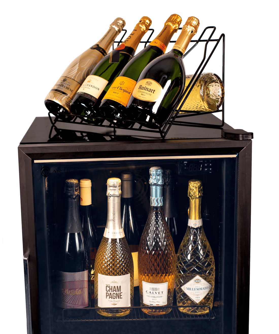Prateleira inclinada inferior para expor garrafas de espumantes