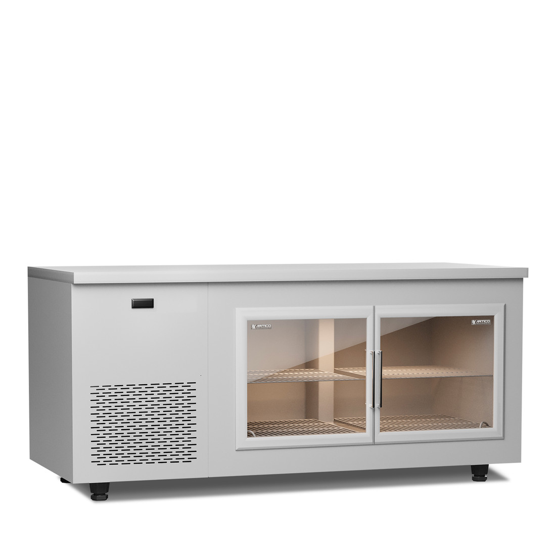 Visão frontal do balcão refrigerado branco duas portas 