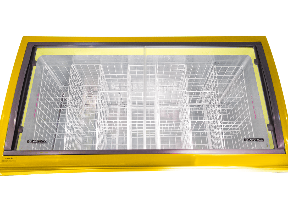 FH500B Amarelo FH500B visão superior sobre tampo de vidro mostrando interior com cestos