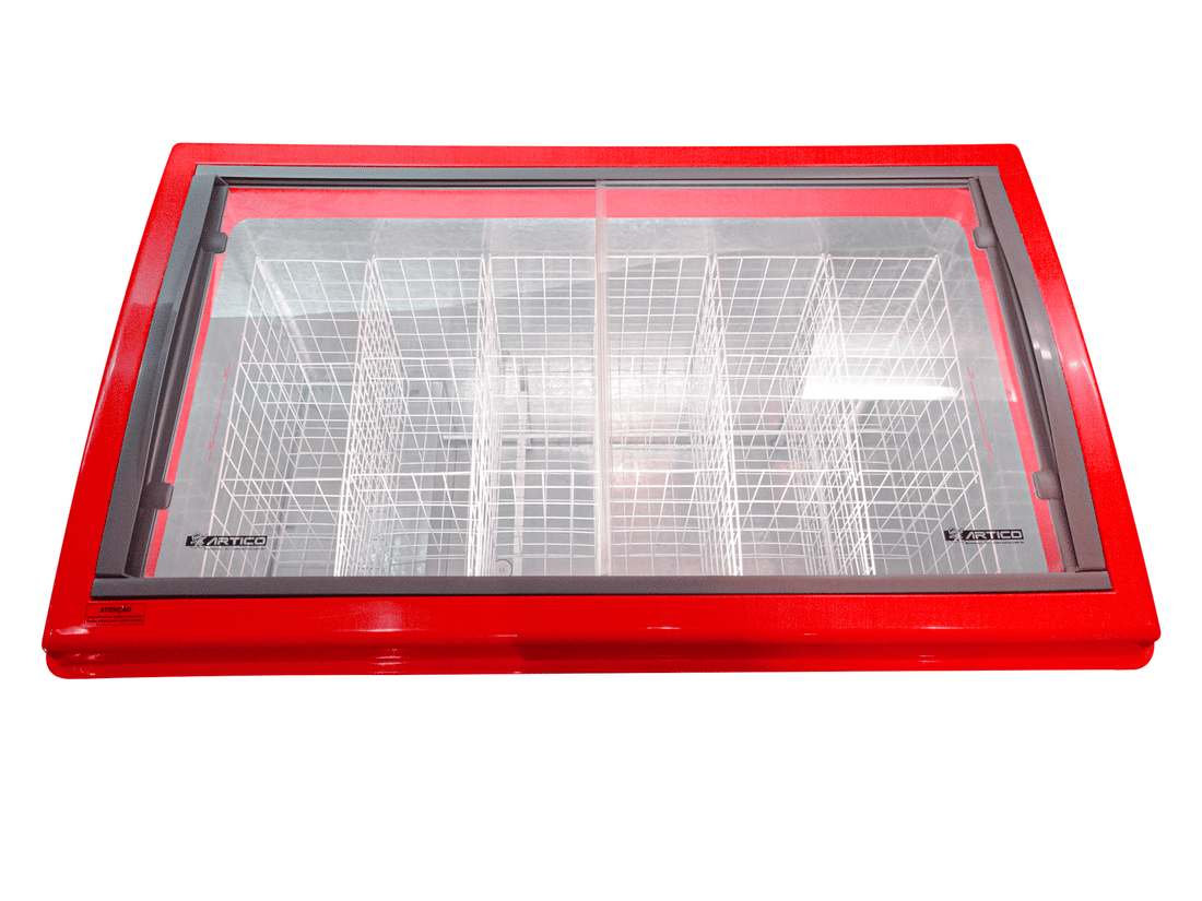 FH400B visão superior sobre tampo de vidro mostrando interior com cestos