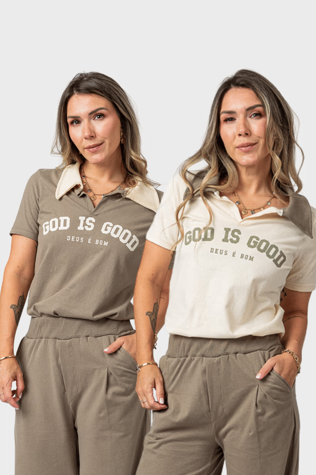 KIT 2 POLOS DEUS É BOM CAQUI + OFF WHITE KIT 2 POLOS DEUS É BOM CAQUI + OFF WHITE