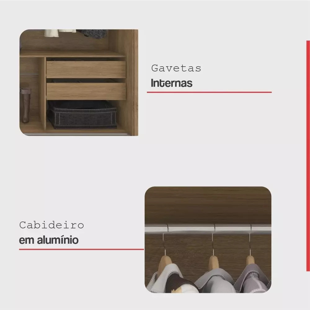 Guarda-Roupa Casal com Espelho 2 Portas de Correr Rodial Andros Nature/Off White  Guarda-Roupa Casal com Espelho 2 Portas de Correr Rodial Andros Nature/Off White