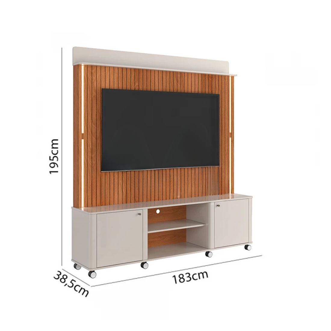 Estante Home Para TV 75 Polegadas com LED e Rodízios Lukaliam Florença Off White/Jequitiba Impressão 3D