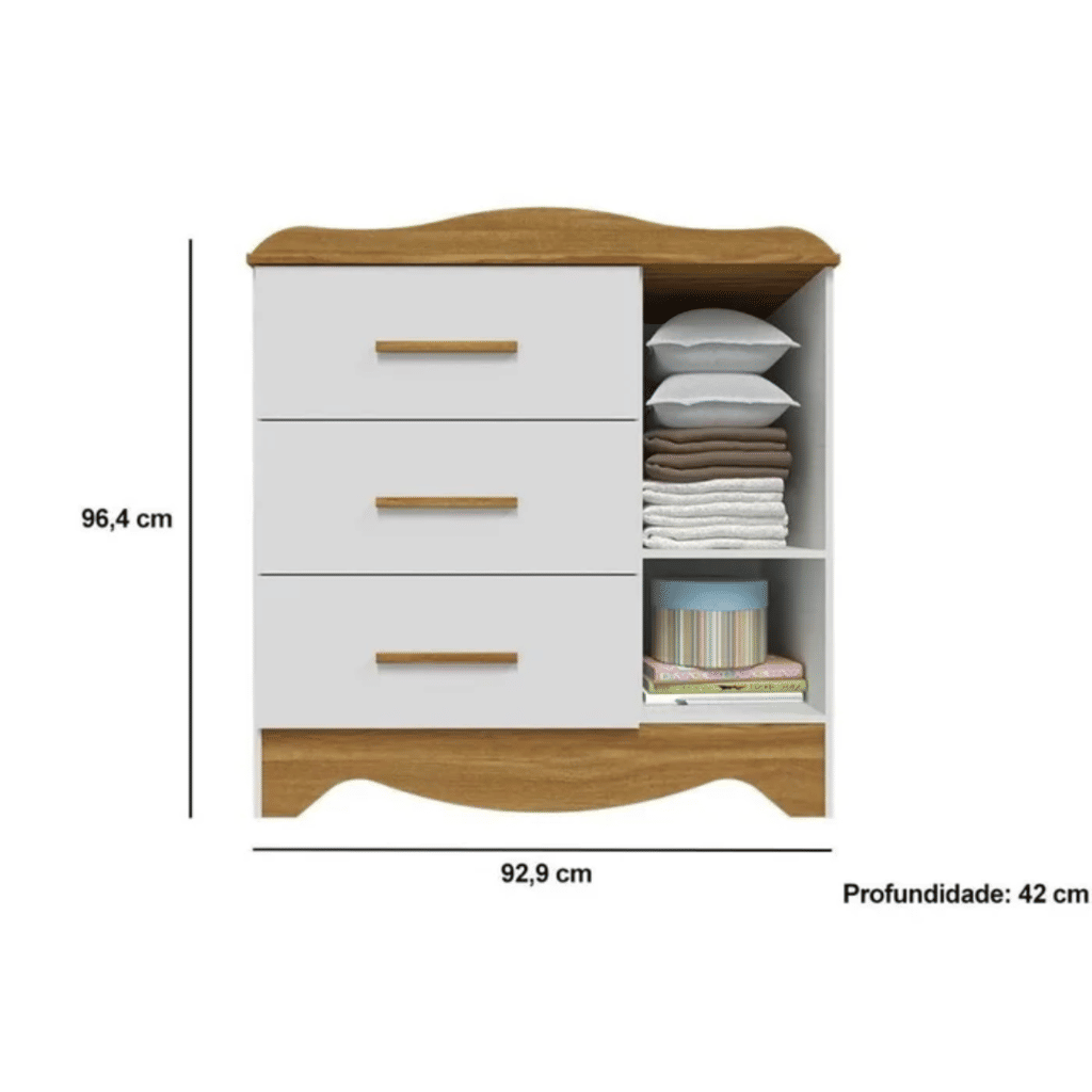 Cômoda para Quarto Infantil 100% MDF 3 Gavetas 1 Porta Peroba Lisi Branco/Amendoa Cômoda para Quarto Infantil 100% MDF 3 Gavetas 1 Porta Peroba Lisi Branco/Amendoa