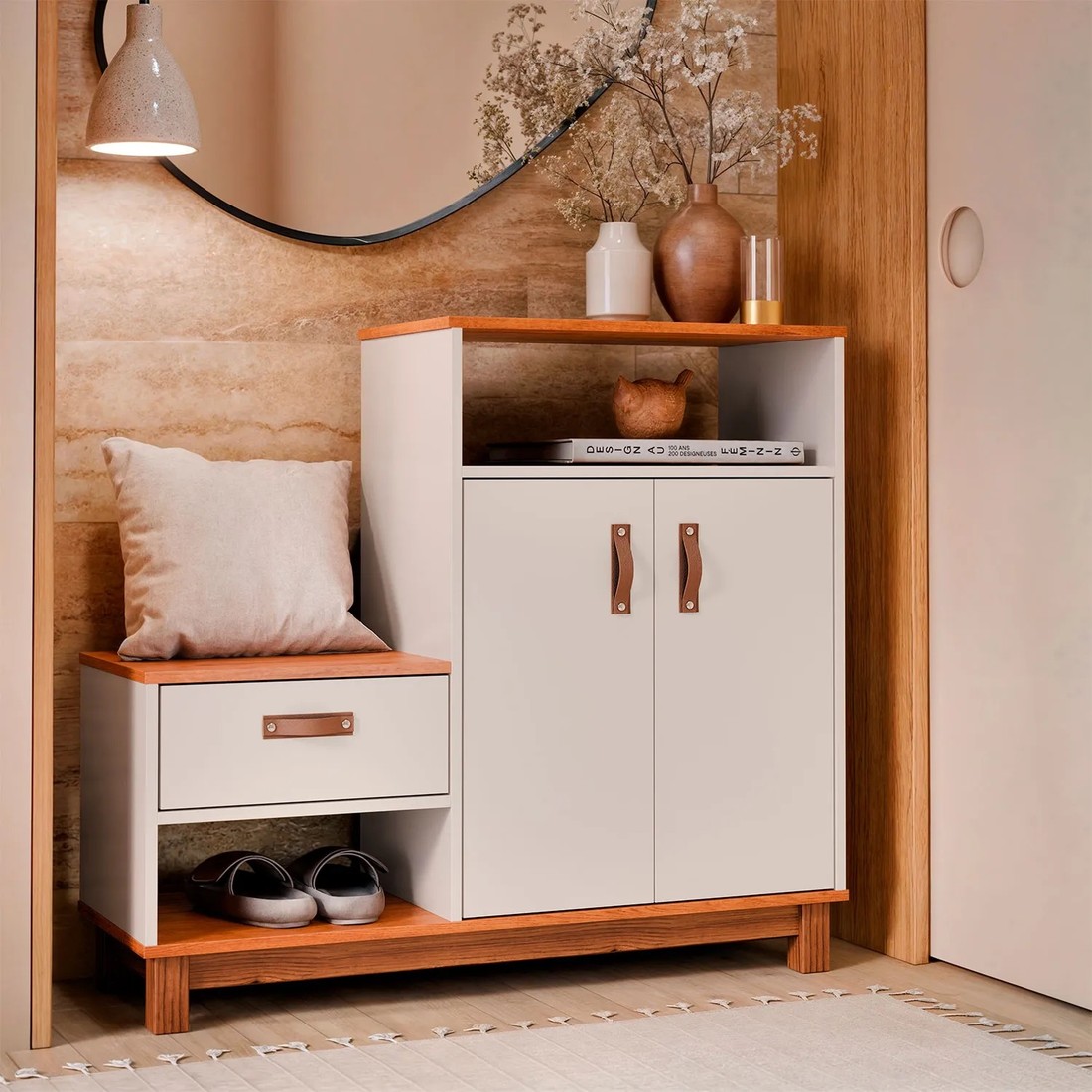 Armario Multiuso Sapateira EJ Móveis Organic 2 Portas e 1 Gaveta – Off White/Freijó Armario Multiuso Sapateira EJ Móveis Organic 2 Portas e 1 Gaveta – Off White/Freijó