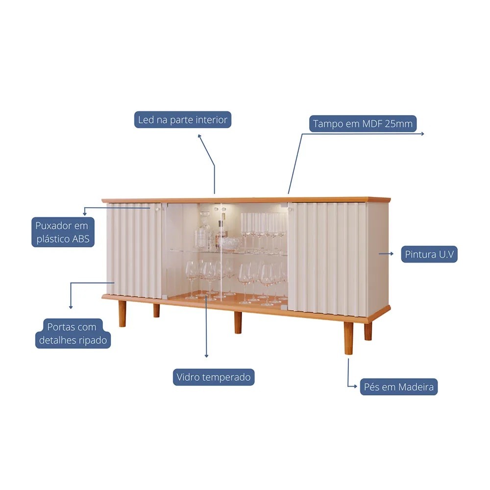 Buffet Aparador 4 portas 100% MDF, com Vidro Temperado Janice Cimol Cinamomo/Off White 
