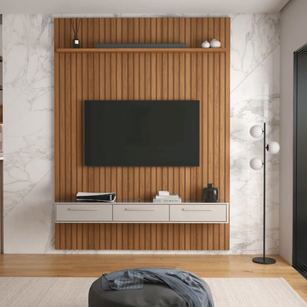 Painel Frisado Oslo 1.9 em MDF para TV até 75 Polegadas com Bancada Bali Jequitiba/Off White - Lukaliam Móveis Painel Frisado Oslo 1.9 em MDF para TV até 75 Polegadas com Bancada Bali Jequitiba/Off White - Lukaliam Móveis