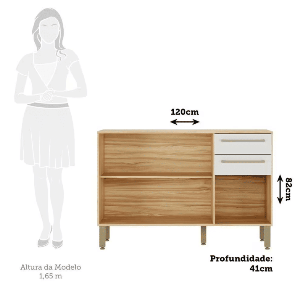 Balcão de Cozinha com Tampo em MDF 3 Portas 2 Gavetas Ronipa Carmenere 120cm Amendoa/Off White Balcão de Cozinha com Tampo em MDF 3 Portas 2 Gavetas Ronipa Carmenere 120cm Amendoa/Off White