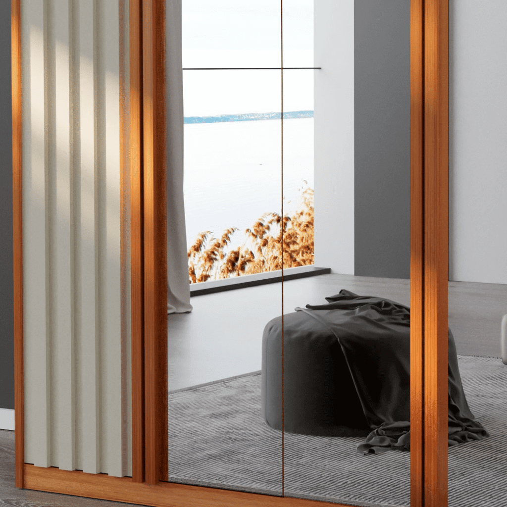 Guarda-Roupa Casal Com Espelho Em MDF 6 Portas, Madrid Boss Ripado  Naturalle/Off White - Bom Pastor Guarda-Roupa Casal Com Espelho Em MDF 6 Portas, Madrid Boss Ripado  Naturalle/Off White - Bom Pastor