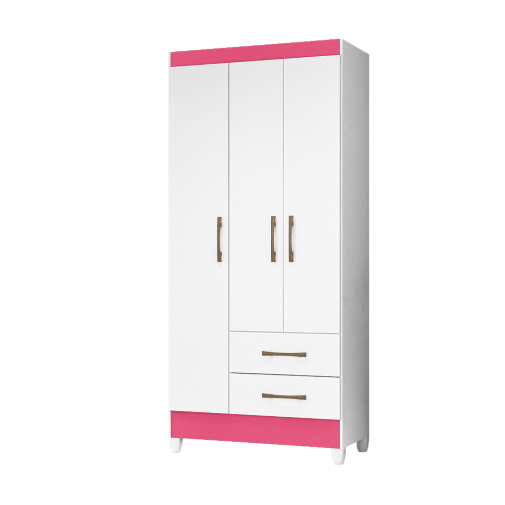 Guarda-Roupa Solteiro 3 Portas 2 Gavetas Lima Branco/Rosa/Branco-Flex - Moval Guarda-Roupa Solteiro 3 Portas 2 Gavetas Lima Branco/Rosa/Branco-Flex - Moval
