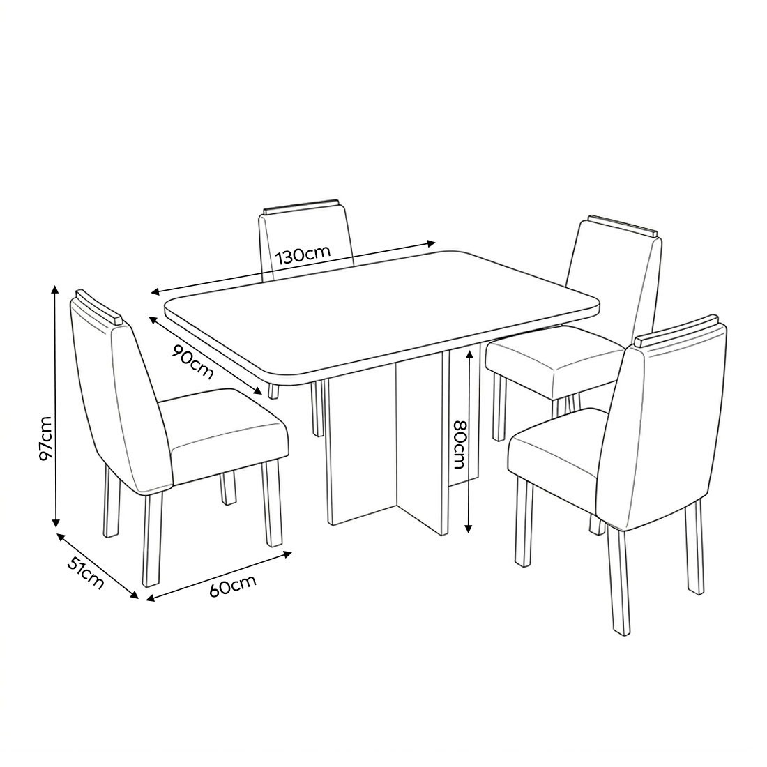 Mesa de Jantar com 04 Cadeiras Real Tampo 130x90 Centímetros Bom Pastor - Sem Vidro