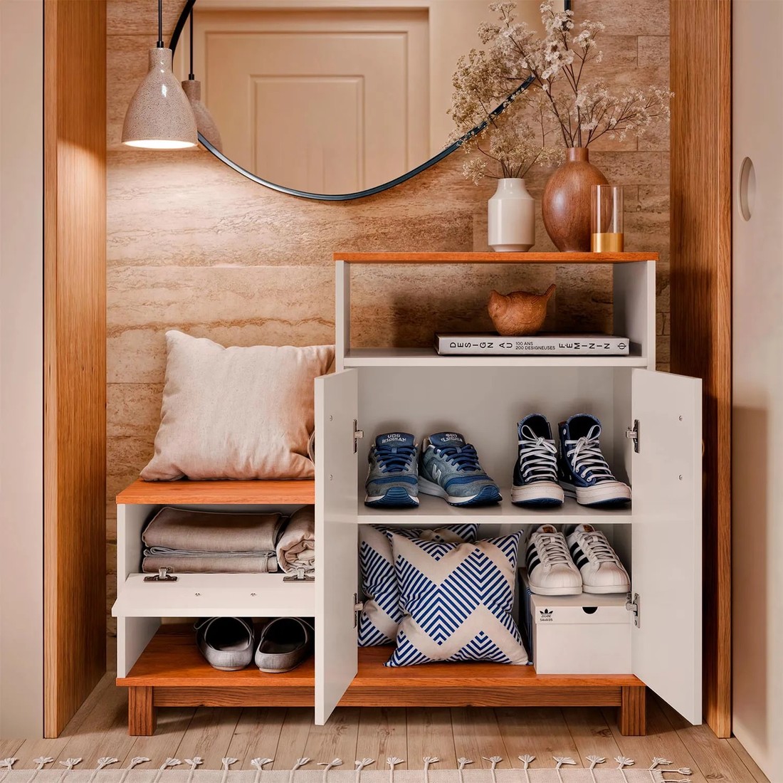 Armario Multiuso Sapateira EJ Móveis Organic 2 Portas e 1 Gaveta – Off White/Freijó Armario Multiuso Sapateira EJ Móveis Organic 2 Portas e 1 Gaveta – Off White/Freijó