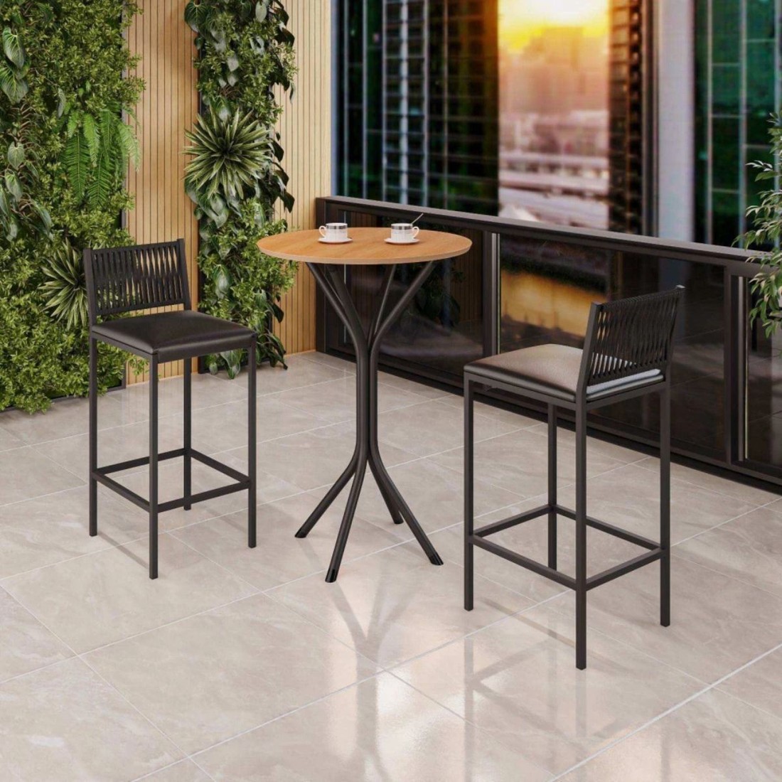 Conjunto Mesa 02 Banquetas Móveis Teixeira Nina Tampo Madeira Preto Corda Náutica - Preto