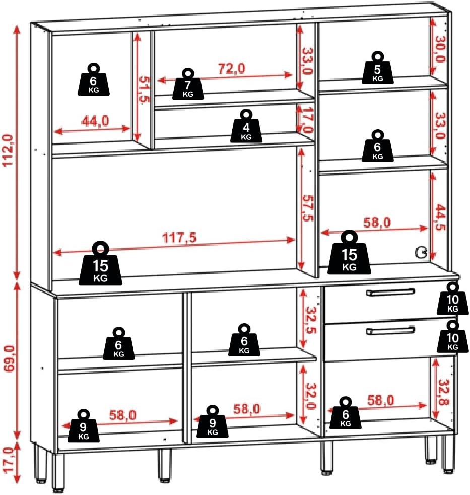 Armário de Cozinha Kit 6 Portas 2 Gavetas Ferrara Kits Paraná Freijo/Gris