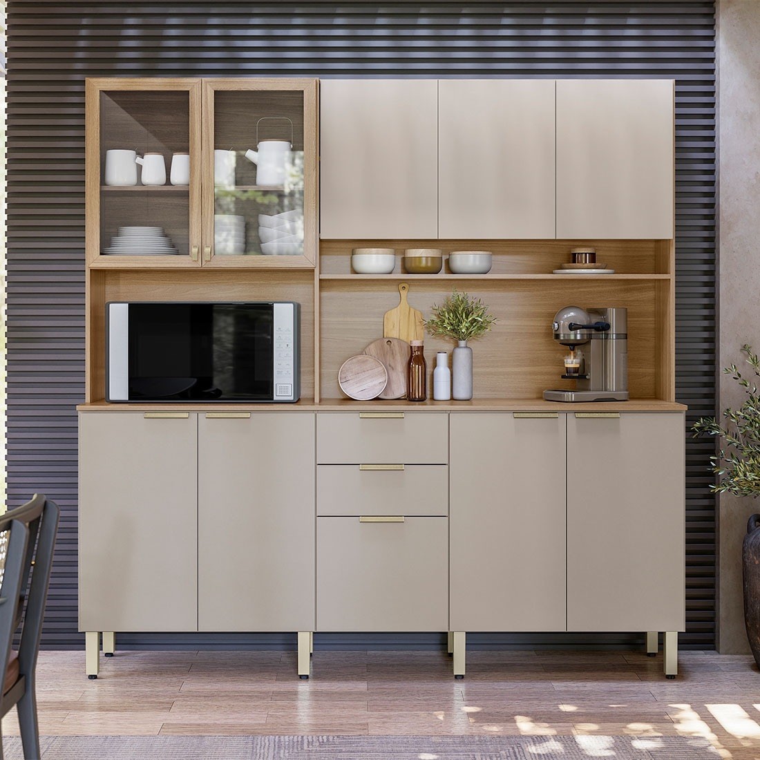 Kit Cozinha Compacta Amora 10 Portas e 2 Gavetas Demóbile - Amendoa/Nude Texturado Kit Cozinha Compacta Amora 10 Portas e 2 Gavetas Demóbile - Amendoa/Nude Texturado