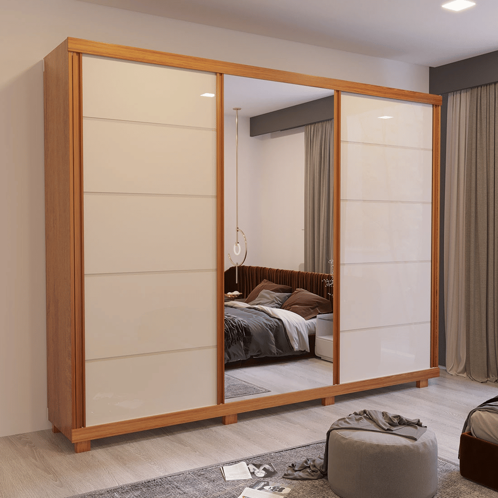 Guarda-Roupa Anna Euro 100% MDF, com Espelho, 3 portas de correr, Nature/Off White - Bom Pastor