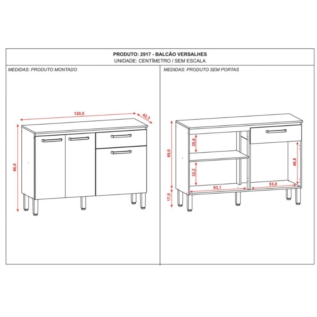 Balcão de Cozinha com Tampo 3 Portas 1 Gav 120cm Paraná Versalhes Freijó/Supremo Balcão de Cozinha com Tampo 3 Portas 1 Gav 120cm Paraná Versalhes Freijó/Supremo