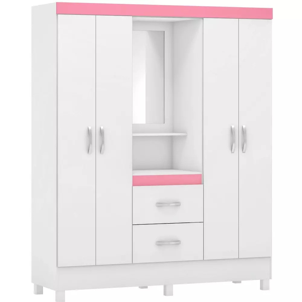 Guarda-Roupa Solteiro Com Espelho Capelinha Lord Branco/Rosa Flex  - Demobile Guarda-Roupa Solteiro Com Espelho Capelinha Lord Branco/Rosa Flex  - Demobile