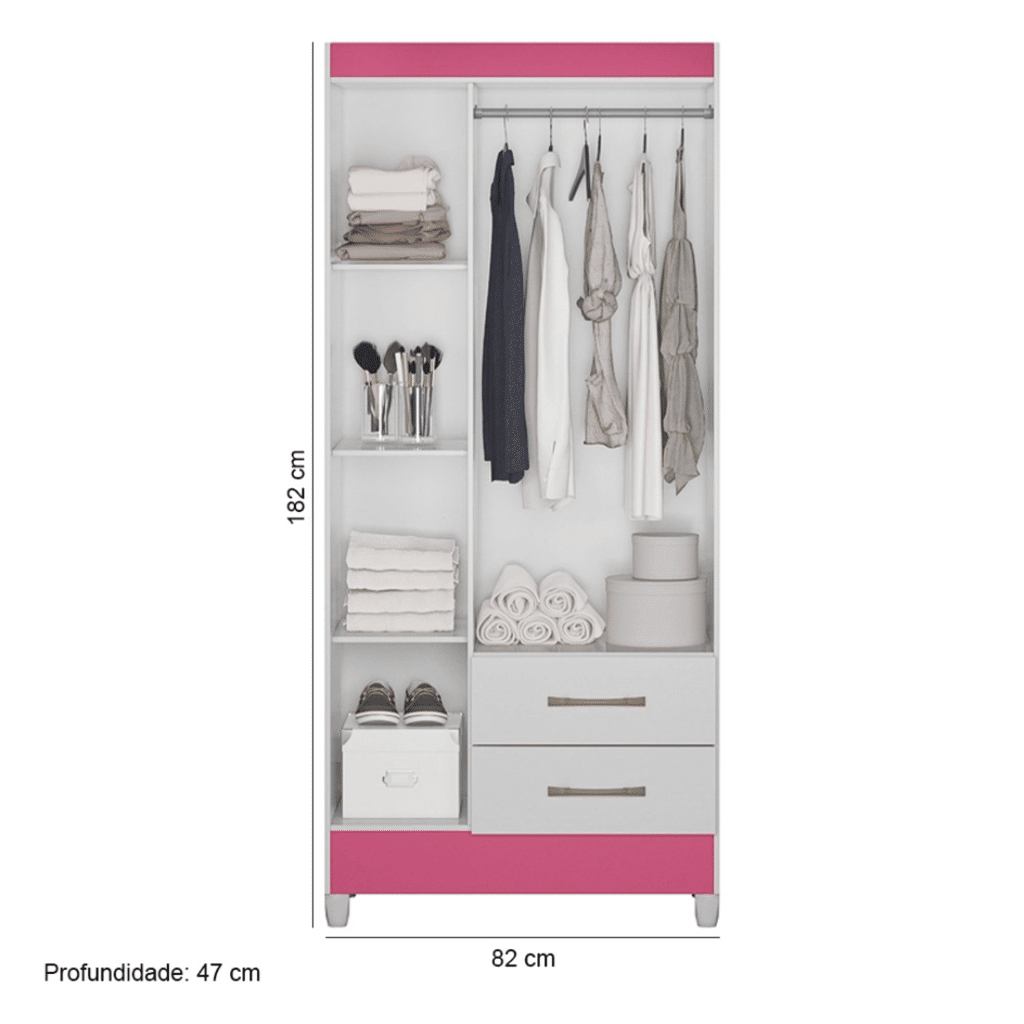 Guarda-Roupa Solteiro 3 Portas 2 Gavetas Lima Branco/Rosa/Branco-Flex - Moval Guarda-Roupa Solteiro 3 Portas 2 Gavetas Lima Branco/Rosa/Branco-Flex - Moval