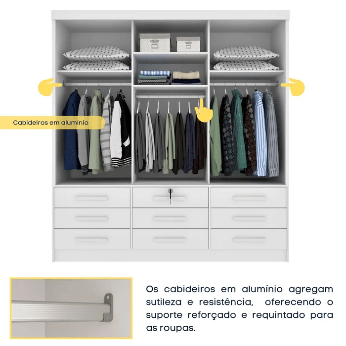 Guarda-Roupa Casal 3 Portas 9 Gavetas Tcil Móveis Chicago Branco Guarda-Roupa Casal 3 Portas 9 Gavetas Tcil Móveis Chicago Branco