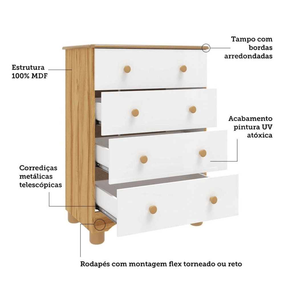 Cômoda para Quarto Infantil em MDF 4 Gavetas Peroba Junior Branco/Amendoa Cômoda para Quarto Infantil em MDF 4 Gavetas Peroba Junior Branco/Amendoa