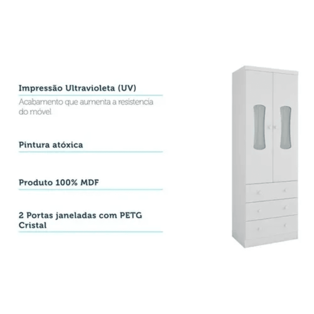 Guarda-Roupa Infantil 2 Portas em MDF Moveis Peroba Luna Branco Brilho Guarda-Roupa Infantil 2 Portas em MDF Moveis Peroba Luna Branco Brilho