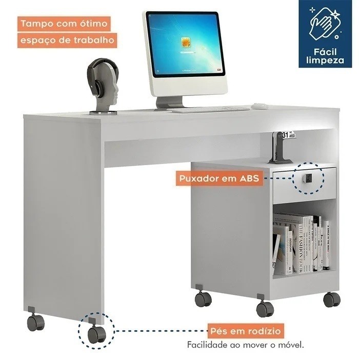 Escrivaninha Mesa de Computador 1 Gaveta com Rodízios Giga Branca - Valdemoveis Escrivaninha Mesa de Computador 1 Gaveta com Rodízios Giga Branca - Valdemoveis